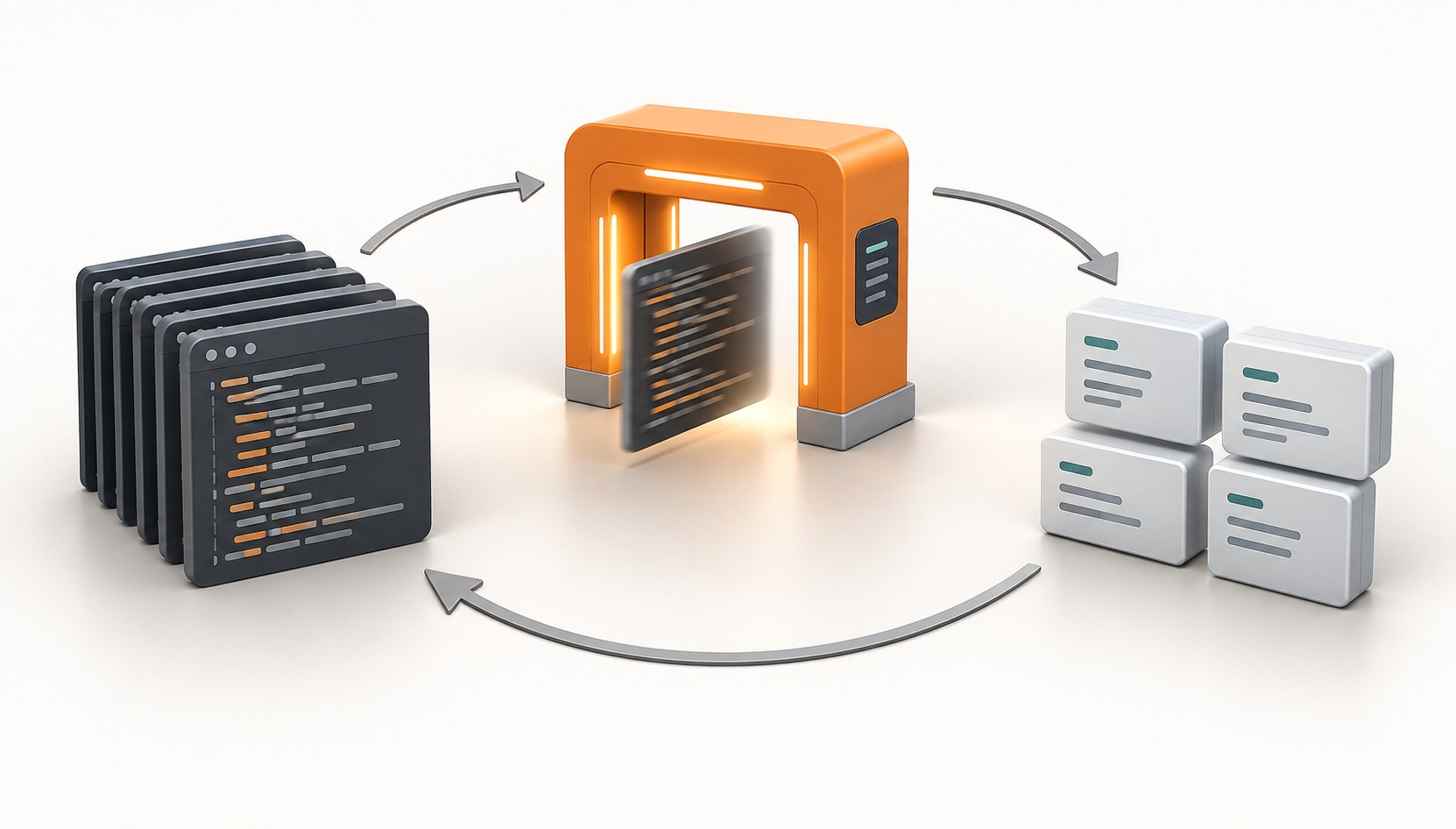 A loop moves a stack of dark code panels through an orange checker and returns smaller white code modules.