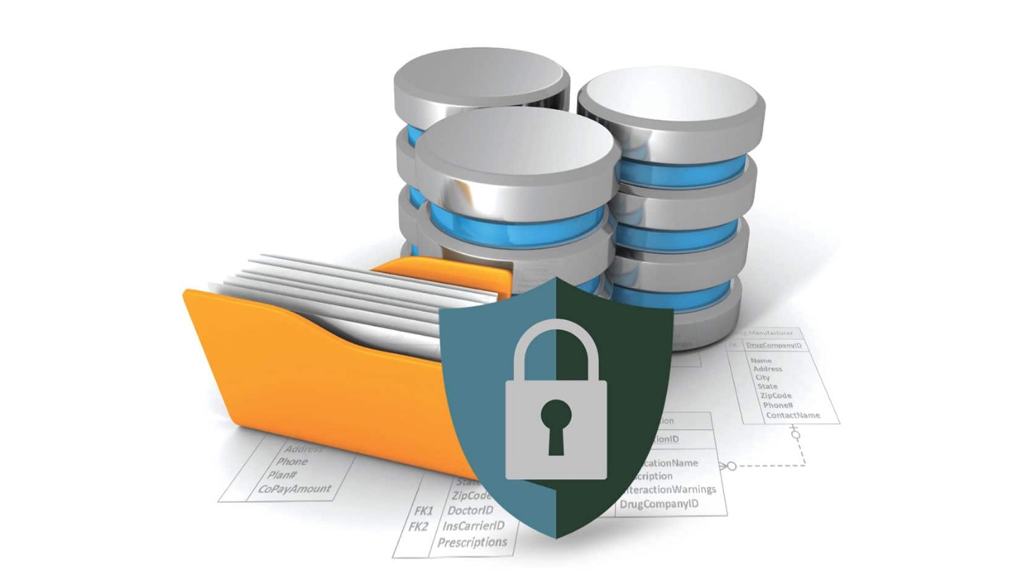 Stacked database cylinders and a folder of documents behind a shield with a padlock, over papers showing database schema diagrams.