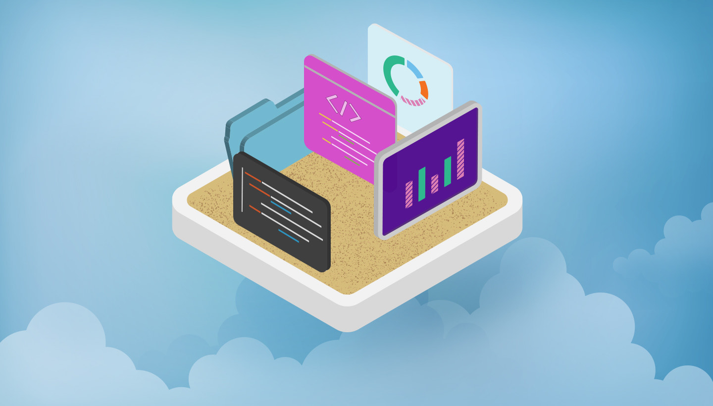 An isometric sandbox tray holding a code editor, a terminal and two dashboard panels, floating in a cloudy sky.